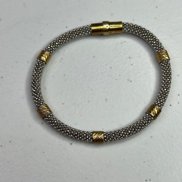 Sterling Silver & Gold-Tone Mesh Bracelet With Twist Accents 925 Italy - Picture 6 of 9